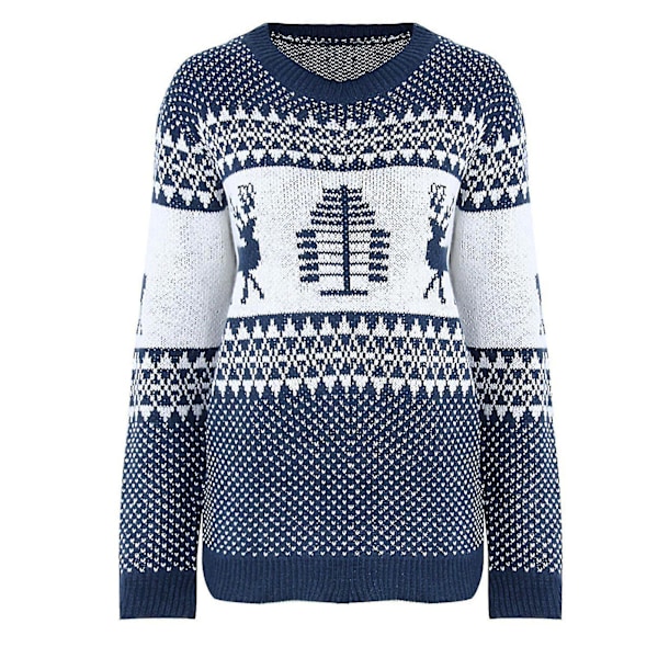 Jouluvillapaita Nainen Joulukuusi Hirvi Lämmin Villapaita Neulottu O-aukkoinen Villapaita Navy Blue 2XL