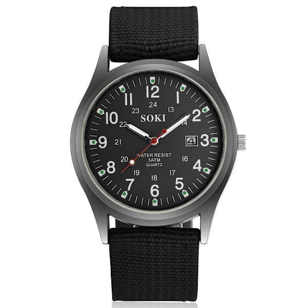 Herrearmbåndsur Mote Herre Militærklokke Vevd Nylonrem Kalender Quartz Klokke for Menn Under Festival Julegave til Kjæreste Black