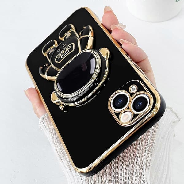 Compatible with iPhone 13 Case Cute 3D Astronaut Stand Design Camera Protection Shockproof Soft Back Cover for Apple iPhone 13 Phone Case Black