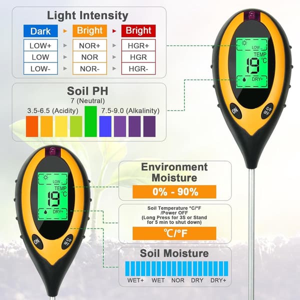 4-in-1 Soil Tester pH Meter - Digital Plant Thermometer - With Lighting - Temperature