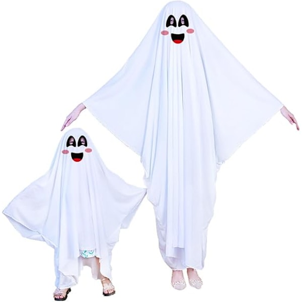 Spøgelseskostume Unisex Børn og Voksne Halloween Fancy Cosplay Dreng Hvid Boo Spøgelseskappe Barn Spooky Trick-or-Treating (Smiling face) L(104CM)