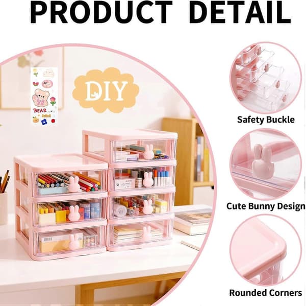 Cute Bunny Desk Drawer Organizer - Transparent Storage Box for Desks, Dorms, and Cosmetics