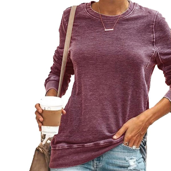 Dam T-shirt med Rund Hals, Långärmad, Lös, Casual Wine Red L