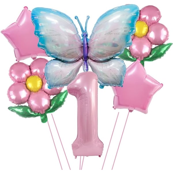Fjärilsballonger 1:a födelsedag dekorationer, rosa blå fjäril Fairy blommig folie ballonger Flickor Första födelsedagsfest dekoration Baby shower leveranser.
