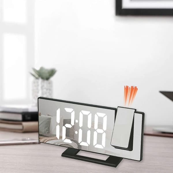 Projection Alarm Clock for Bedroom, LED Digital Clock Projected on Ceiling Wall, 180° Projector and Dimmer, Mirror Design, Snooze, 3-Speed Black