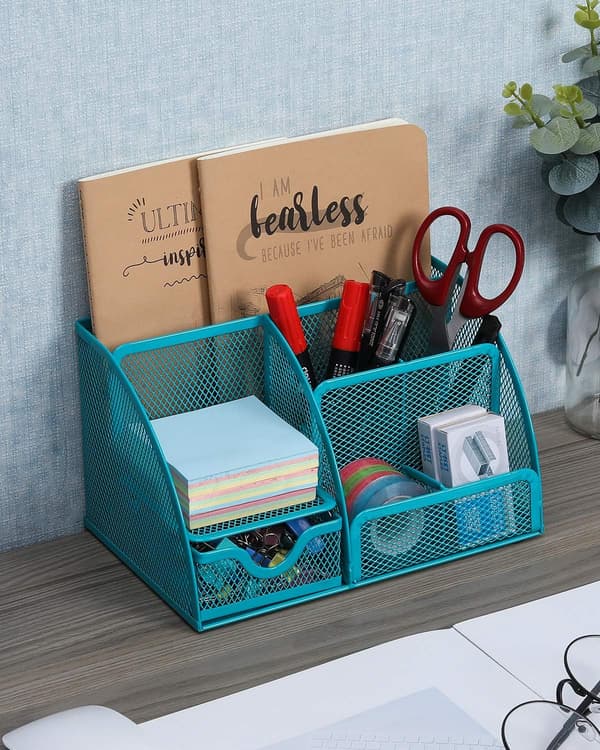 Office Mesh Desk Organizer Versatile Desktop Storage Desk Organizer Pen Holder with Drawer, Turquoise
