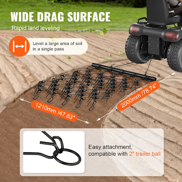 Drag Harrow 78.74"x47.63", 69 Ståltænder, Heavy-Duty Jordnivellering