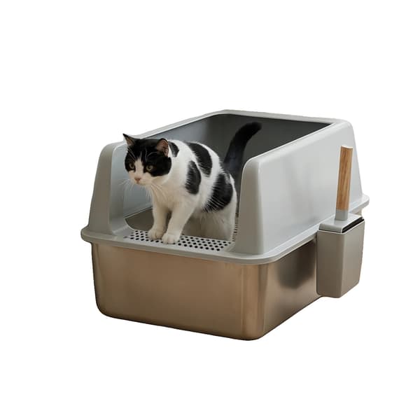 Kattlåda, högsidig design, inkluderar kattströmatta och spade, Silver