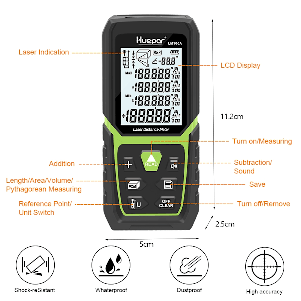 Laser Afstandsmåler 330Ft/100M - Baggrundsbelyst LCD, Li-ion Batteri & Vinkelsensor Rangefinder