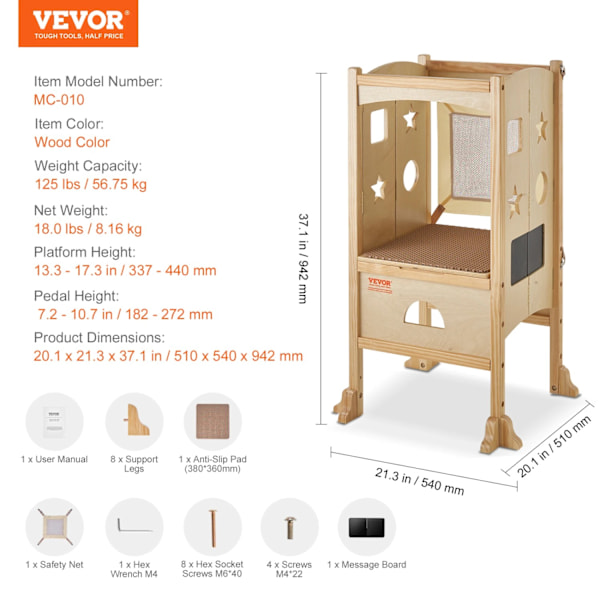 Foldbar Toddler Trinbræt, Justerbar Højde, Kapacitet på 125 lbs,træfarve Wood color wood color