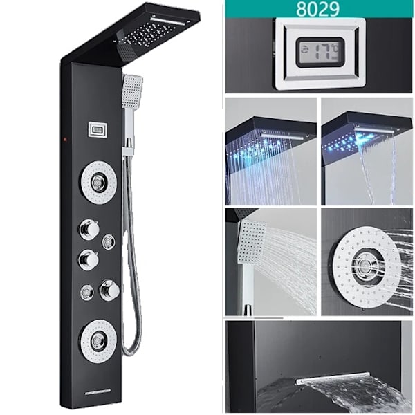 LED Brusehane, Temperatur Digital Display, Kropsmassage System, Sort 8029 Black 8029 Black 8029