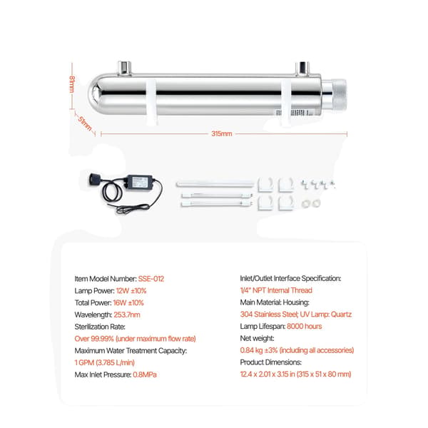 Vandrenser, UV-system, rustfrit stål konstruktion, 12W 4GPM