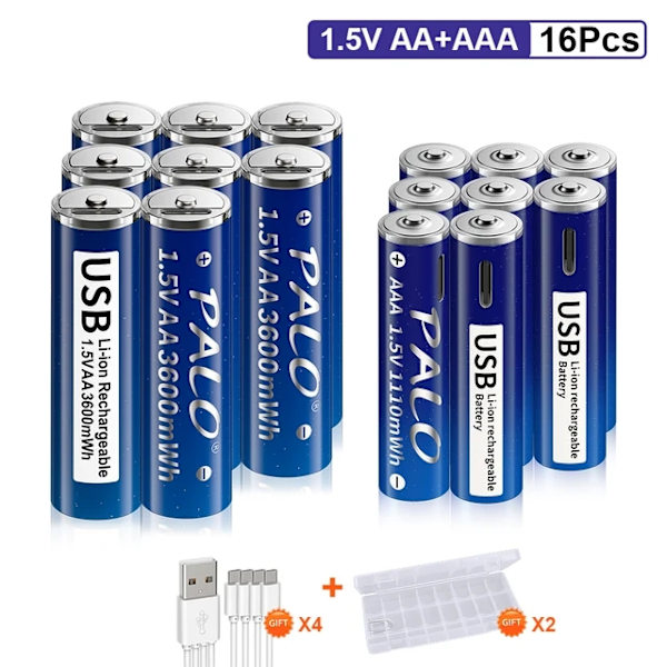 Genopladelige batterier, høj kapacitet, USB-opladning, 8AA 8AAA 8AA 8AAA 8AA 8AAA