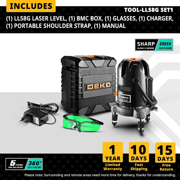 DEKO LL5-serien Laser Level, 360° selvjustering, høj synlighed grøn/rød stråle,LL58G-SET1 LL58G-SET1 LL58G-SET1