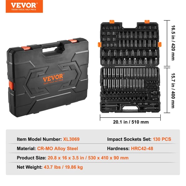 Impact Socket Set, 130 stk, CR-MO legering stål, høj moment design, 130stk