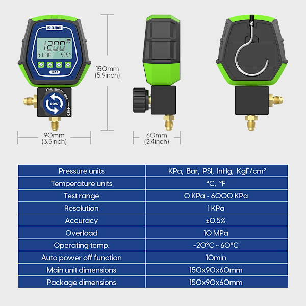 Air Conditioner Kølemiddel Lækage Tester, Digital Manifold Meter, HVAC Vakuum Temperatur Tester, grøn Green green