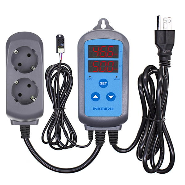 Digital Temperatur- og Fugtighedsregulator, Forudkablet, Dobbelt Trin EU socket