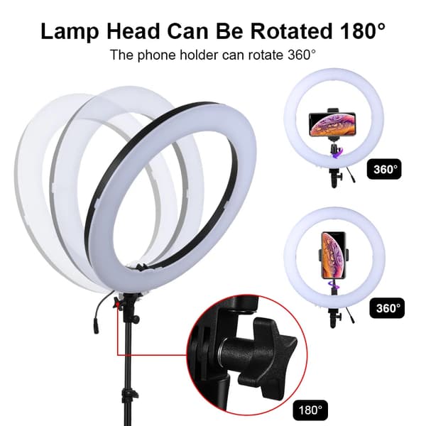 Ring Light, Justerbart Stativ, Bi-Farvet Temperatur, 18 tommer Ring Lys