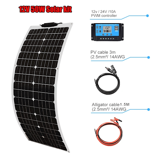 Joustava aurinkopaneelisarja, korkea hyötysuhde, vedenpitävä, 50W/100W vaihtoehdot,12V 50W Aurinkopaneelisarja 12V 50W Solarkit 12V 50W Solarkit