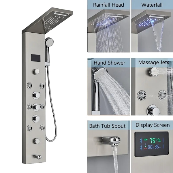 LED Brusepanel med 5 tilstande, Digital Temperaturvisning, Messingkrop,Børstet 8009 Brushed 8009 Brushed 8009
