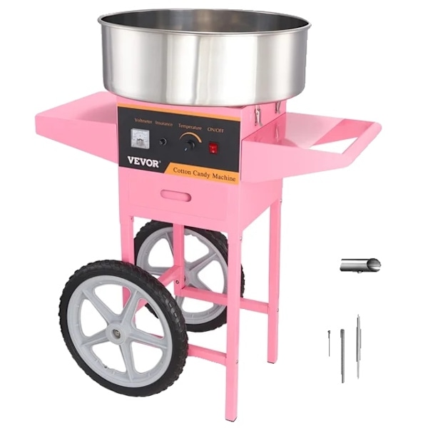 Puuvillakarkkikone, 1000W, ruostumattomasta teräksestä valmistettu kulho Pink with Cart