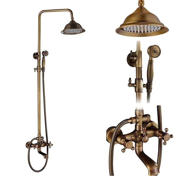 Antik Messing Brusesystem, Dobbelt Håndtag Design, 8 Tommer Regnbruserhoved, D ingen hylde