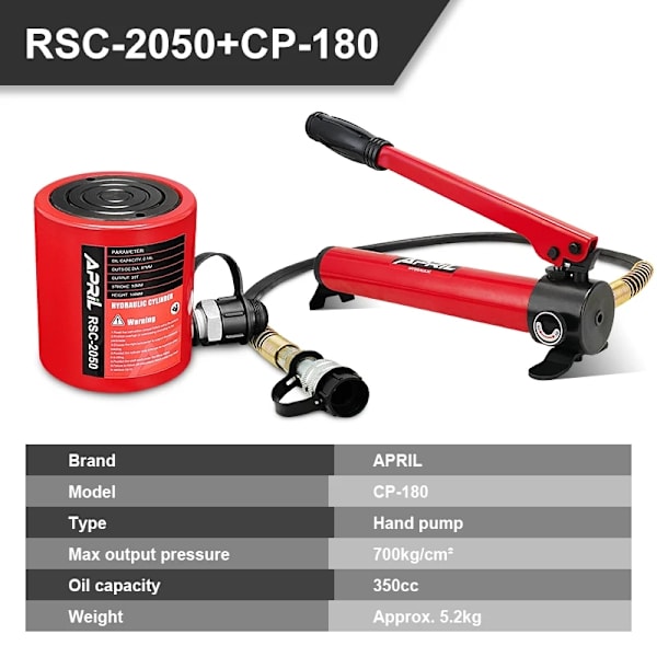 20 tonnin hydraulisylinteri, 700 kg/cm² paine, 350 cc öljytilavuus käsipumpulla,0RSC-2050 ja CP-1800 RSC-2050 with CP-180 RSC-2050 with CP-180
