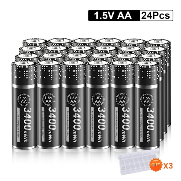 AA Li-Ion Uppladdningsbara Batterier, 3400mWh Hög Kapacitet, CE-certifierade,24 stycken, 1,5V 24 pcs 24 PCS