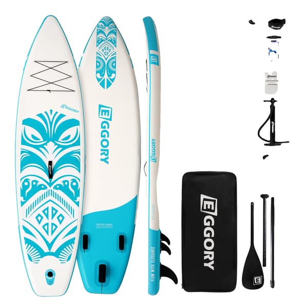 Oppustelig Stand Up Paddle Board, Tri-Fin Konfiguration, Holdbart PVC Materiale, Blå og Hvid Totem