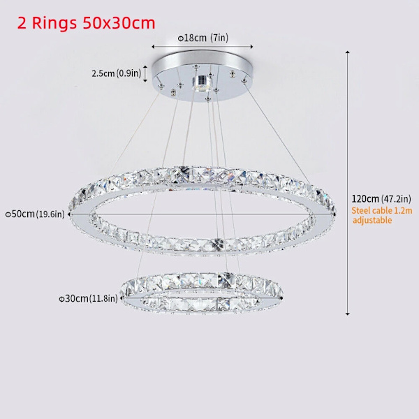 Moderni LED-kristallikattokruunu, 50x30cm ruostumaton teräs, energiatehokas,2Renkaat 50x30cm, Lämmin Valkoinen 2Rings 50x30cm