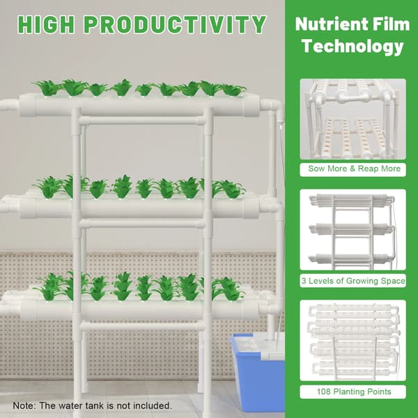 Hydroponisk System, 3 Lag, 108 Plantningspunkter, Hvid