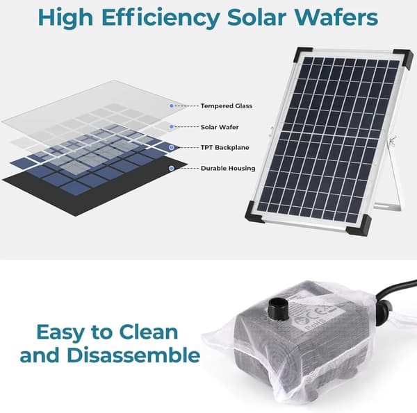 Solarpump för damm, 12W effekt, 500L/h flödeshastighet, 60 cm spruthöjd