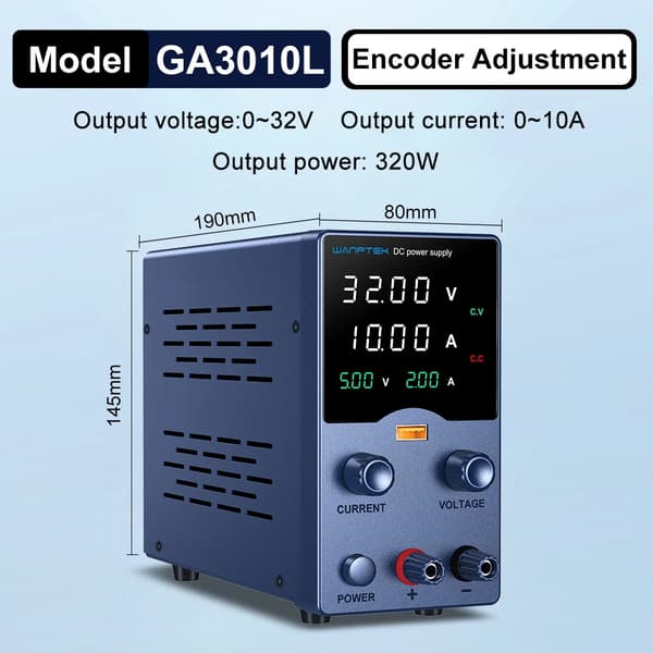 Laboratoriovoimala, säädettävä jännite, USB-ulostulo, GA3010L 32V 10A
