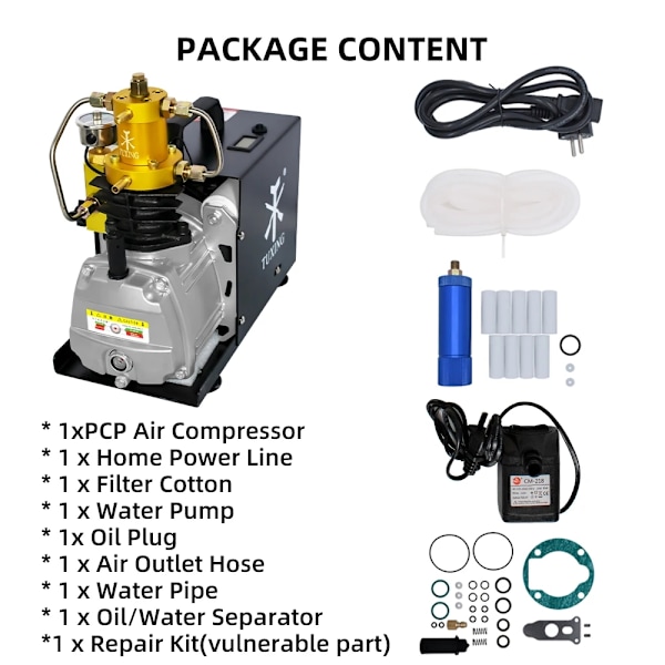 PCP luftkompressor, automatisk avstängning, fläkt och vattenkylning, 4500PSI,220V 220V