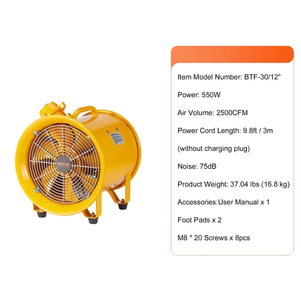 Ventilationsfläkt, kraftfull luftflöde upp till 4240 CFM, bärbar design, 550W