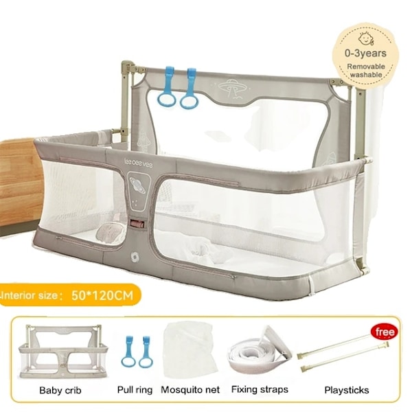 Transportabel Baby Seng, Hævebar Bumpers, 3 i 1 Seng Gelænder, Beige med net Beige with Net Beige with net