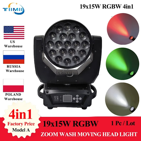 19X15W RGBW LED Moving Head Lys, 6°-50° Zoom, DMX 512 Kontrol,1lys 1light 1light