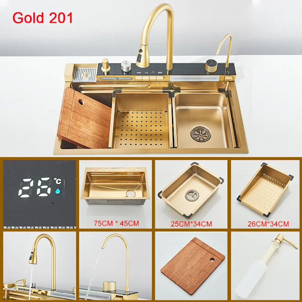 Køkkenvask, Rustfrit Stål Konstruktion, Moderne Design, Guld 201