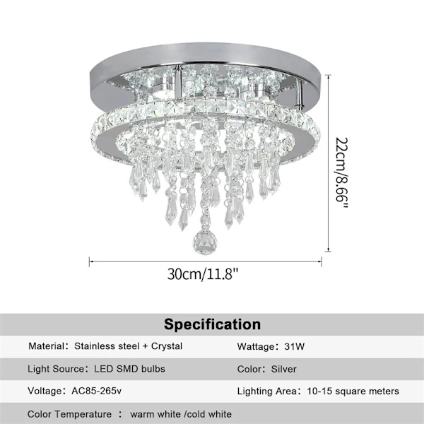 Moderne Krystal Lysekrone, 31W LED, Fjernbetjening, Dæmpbar, Dia30cmA, Justerbar lysstyrke Dia30cmA