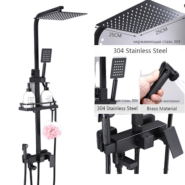 Sort Regnbruser Armatur, Justerbar Højde, Dobbelt Brusehoveder,Sort-F6026BB Black-F6026BB Black-F6026BB