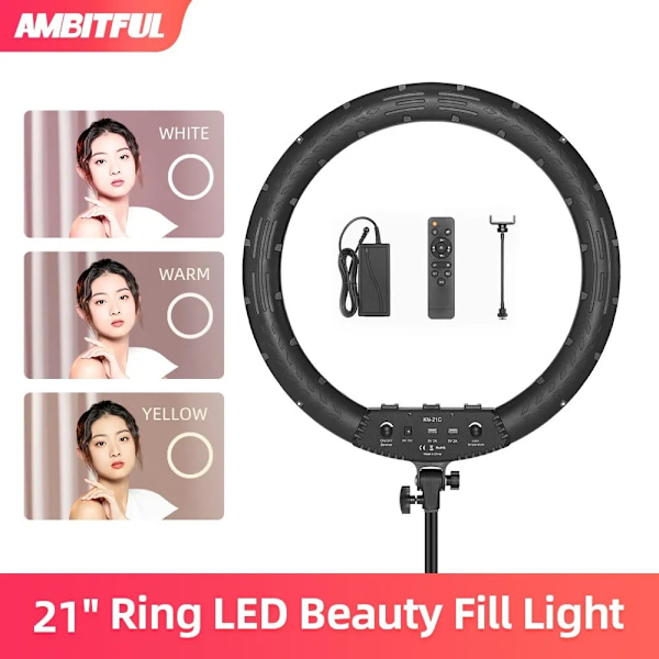 21" LED Ring Light, Bi-färg 3200K-6000K, Inkluderar Fjärrkontroll och Ljusstativ (Kit 3),21-tums kit 1 21 Inch Kit 1 21 Inch Kit 1