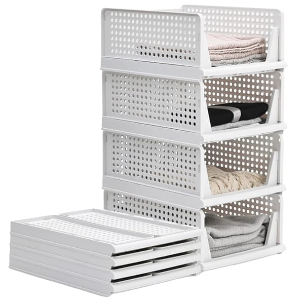 Förvaringsorganisatör, Fällbar Design, Stapelbara Korgar, PL Vit