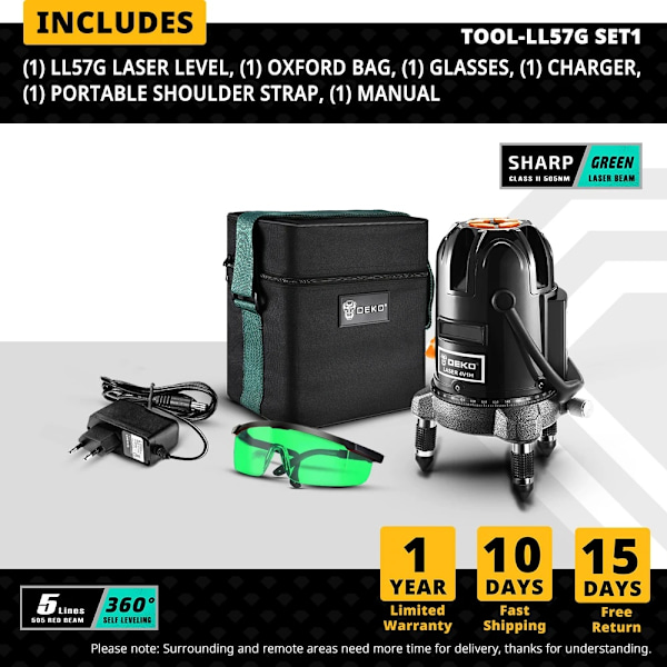 DEKO LL5-serien Laser Level, 360° självnivellerande, hög synlighet grön/röd stråle,LL57G-SET1 LL57G-SET1 LL57G-SET1