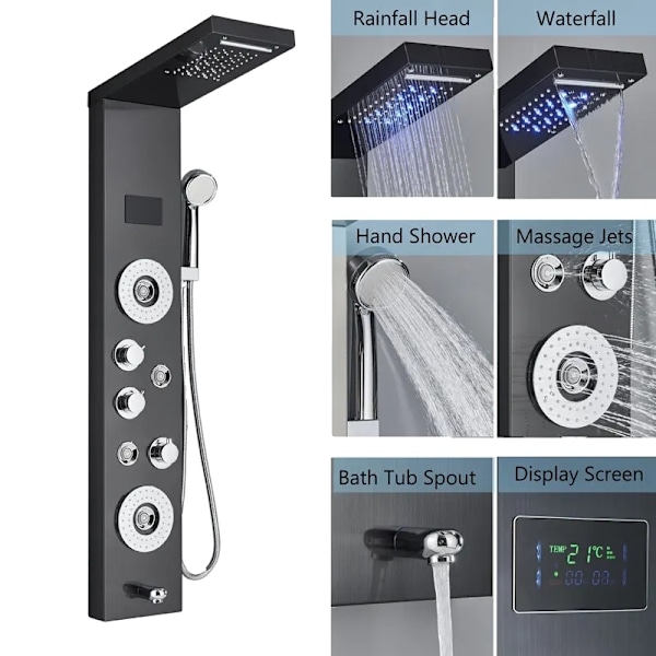 LED Brusepanel med 5 tilstande, Digital Temperaturvisning, Messingkrop,Sort 8006 Black 8006 Black 8006