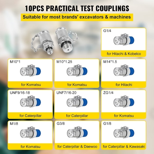 Hydraulinen painetestaussetti - 3 mittaria, 6 liitintä & lämmönkestävät letkut 8 test couplings