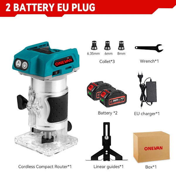 1600W Borstlös Träfräs, 5 Hastigheter, Högkapacitetsbatteri,2 Batteri EU-kontakt 2 Battery EU Plug 2 Battery EU Plug
