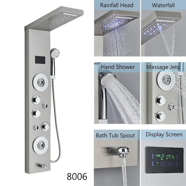 LED Brusepanel med 5 tilstande, Digital Temperaturvisning, Messingkrop,Børstet 8006 Brushed 8006 Brushed 8006