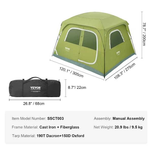 Campingtelt, Pop-Up Design, Vandtæt & Backpacking, Manuel 6 Personer Manual 6 Person Manual 6 Person