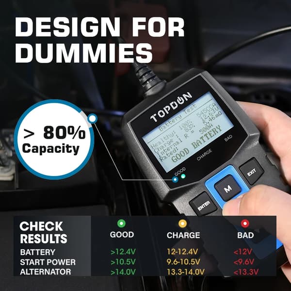 Bilbatteritesteren, Kompakt Design, Flere Testfunktioner, BT100