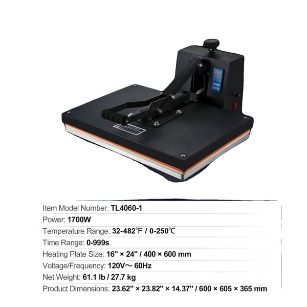 Varmepresser, Digital Kontrol, Justerbart Tryk, Sort 16in x 24in